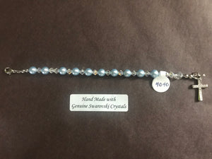 Blue 6mm Pearl Child's Decade Rosary Bracelet, hand made with genuine Swarovski crystal accents and a sterling silver cross with crystal inlay, 4.5 inches long