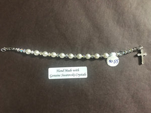 White 6mm Pearl Child's Decade Rosary Bracelet, hand made with genuine Swarovski crystal accents and a sterling silver cross with crystal inlay, 6.5 inches long