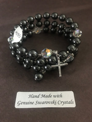 8mm Charcoal Black Pearl Rosary bracelet with genuine Swarovski crystal accents and a sterling silver cross.