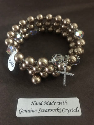 8mm Bronze Pearl Rosary bracelet with genuine Swarovski crystal accents and a sterling silver cross.