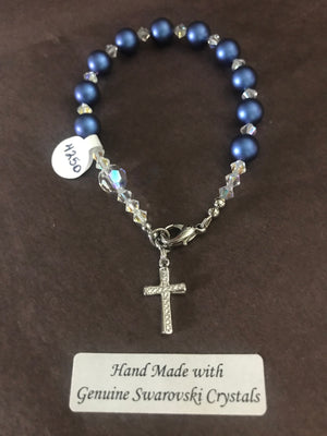 8mm Dark Blue Iridescent Pearl Decade Rosary bracelet with genuine Swarovski crystal accents and a sterling silver cross.