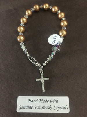 8mm Dark Gold Pearl Decade Rosary bracelet with genuine Swarovski crystal accents and a sterling silver cross.