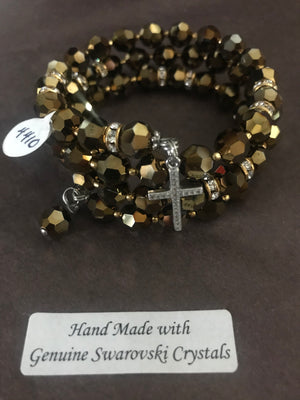 8mm Dorado (deep bronze) Crystal Full Rosary bracelet with genuine Swarovski faceted crystals and a sterling silver cross.