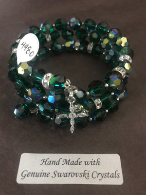 8mm Emerald faceted crystal full Rosary bracelet with genuine Swarovski crystals and a sterling silver cross.