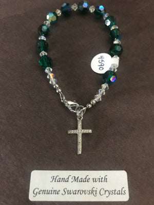8mm Emerald crystal decade Rosary bracelet with genuine Swarovski crystals and a sterling silver cross.