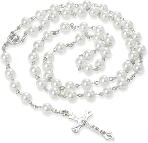 Rosary - white bead with Virgin Mary Centre