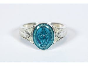 SS Miraculous Medal Ring Blue Inlay