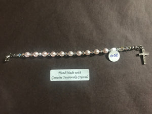 Pink 6mm Pearl Child's Decade Rosary Bracelet, hand made with genuine Swarovski crystal accents and a sterling silver cross with crystal inlay, 6 inches long