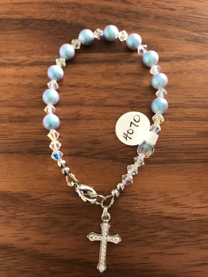 Child's Light Blue Iridescent 6mm Pearl Decade Rosary Bracelet