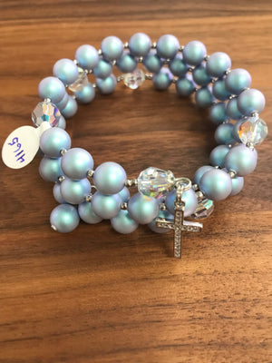 Light Blue Iridescent 8mm Pearl Full Rosary Bracelet