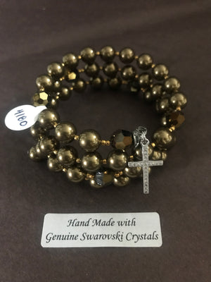 8mm Antique Brass Pearl Rosary bracelet with genuine Swarovski crystal accents and a sterling silver cross.