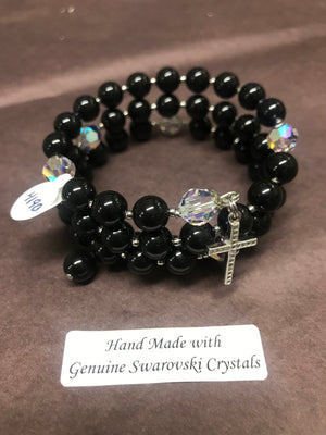 8mm Mystic Black Pearl Rosary bracelet with genuine Swarovski crystal accents and a sterling silver cross.