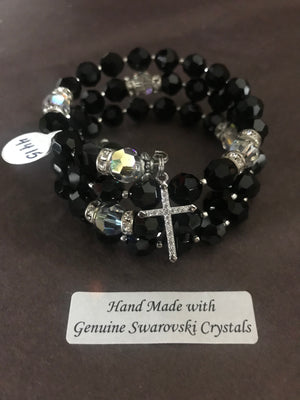 8mm Jet Black Crystal Full Rosary bracelet with genuine Swarovski faceted crystals and a sterling silver cross.