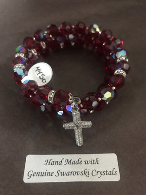 8mm Siam (deep ruby red) faceted crystal full Rosary bracelet with genuine Swarovski crystals and a sterling silver cross.