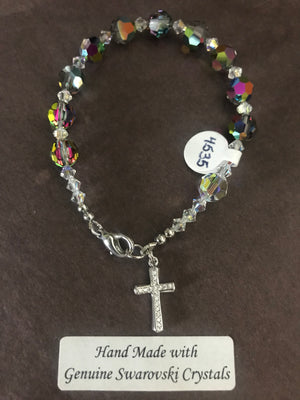 8mm Vitrail (clear centre with multi-colour facets) crystal decade Rosary bracelet with genuine Swarovski crystals and a sterling silver cross.