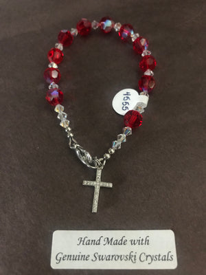 8mm Light Siam (similar to a ruby red) crystal decade Rosary bracelet with genuine Swarovski crystals and a sterling silver cross.