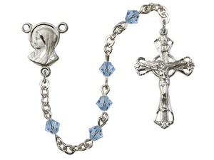 Silver-Plated 5mm Aqua Rosary w/SP Madonna Rosary Center Engrvd