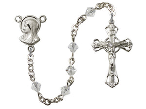 Silver-Plated 5mm Crystal Rosary w/SP Madonna Rosary Center Engrvd