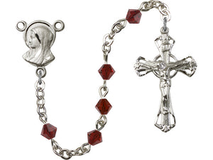 Silver-Plated 5mm Garnet Rosary w/SP Madonna Rosary Center Engrvd