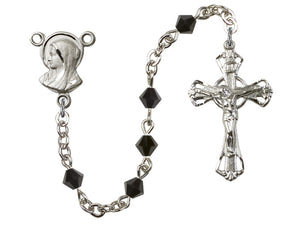 Silver-Plated 5mm Jet Rosary w/SP Madonna Rosary Center Engrvd