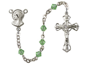 Silver-Plated 5mm Peridot Rosary w/SP Madonna Rosary Center Engrvd