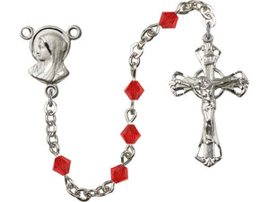 Silver-Plated 5mm Ruby Rosary w/SP Madonna Rosary Center Engrvd