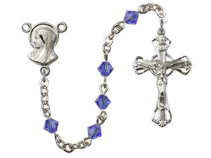 Silver-Plated 5mm Sapphire Rosary w/SP Madonna Rosary Center Engrvd