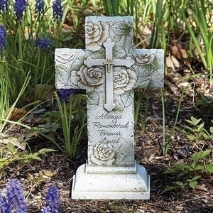 Garden Statue - 12" H Memorial Cross with Roses