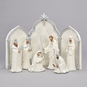 11.5"H 9 PC ST NATIVTY SILVER DOT WHITE WITH BACKDROP