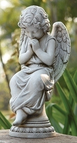 17" H Seated Angel on Pedestal - Garden Statue